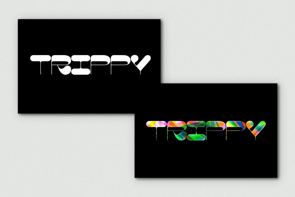 Two layouts showing white outline letters with neon gradient fill effect
