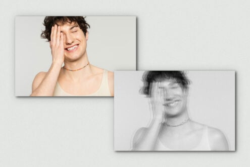 Smiling person covering one eye, featured in a photo mockup and its blurred version. Ideal for designers seeking portrait mockups or photo effects.