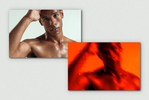 Dual portrait of a man emphasizing texture and color. One realistic with neutral background and one abstract with vibrant red tones. Ideal for graphic design.