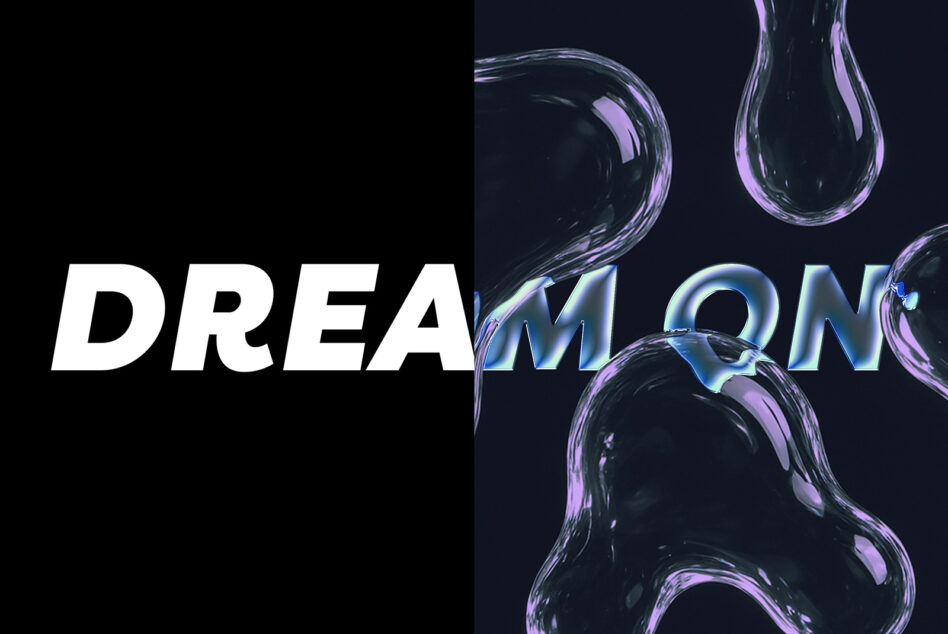 White italic text overlaid on iridescent glass bubbles against dark background