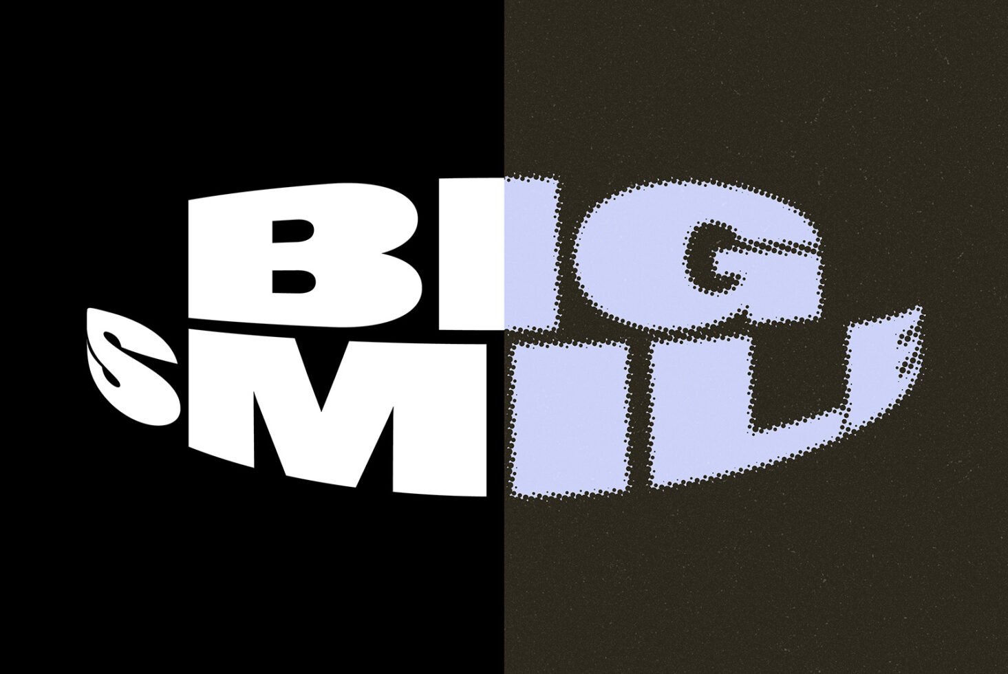 Bold text design reading Big Smile with contrasting black and white backgrounds featuring a modern halftone effect ideal for graphic templates or fonts.