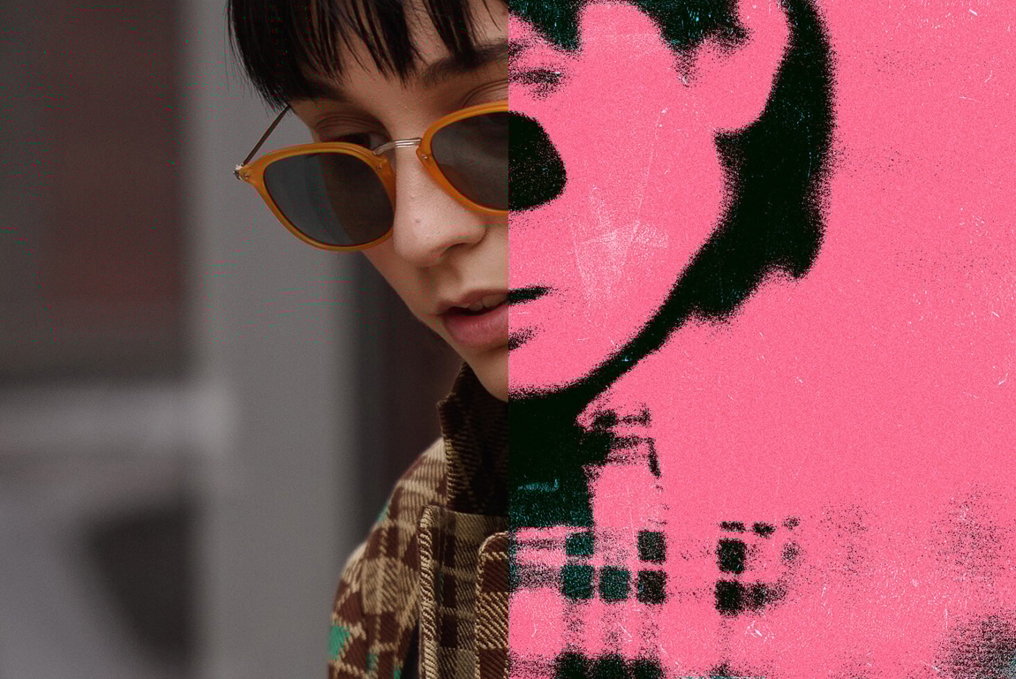 Stylized photo split with half in grayscale and half in vibrant pink texture. Ideal for graphic design projects, offering creative visual effects.
