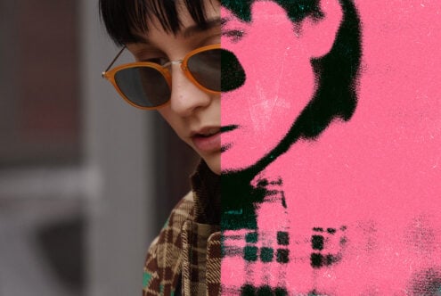 Stylized photo split with half in grayscale and half in vibrant pink texture. Ideal for graphic design projects, offering creative visual effects.