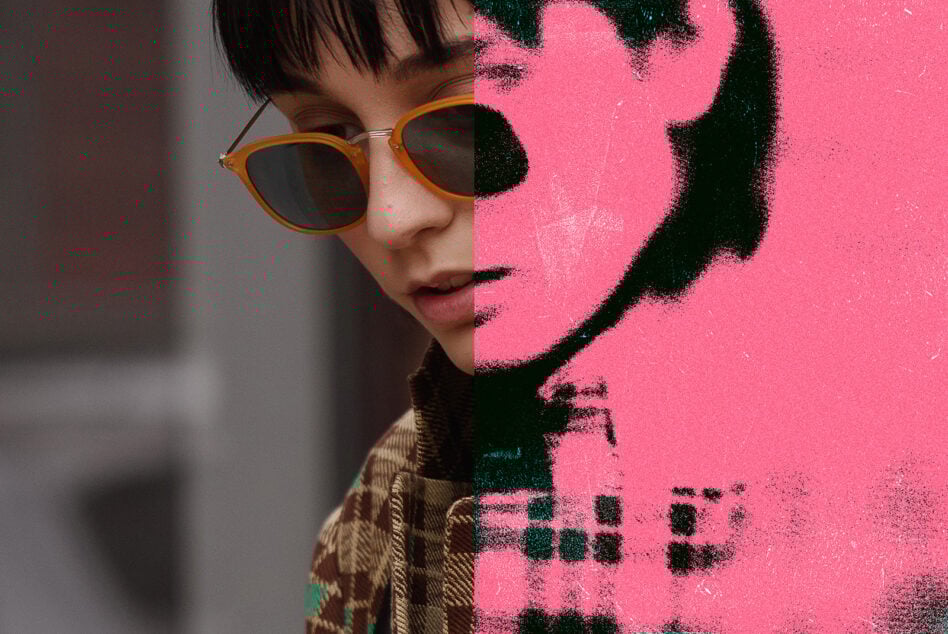 Stylized photo split with half in grayscale and half in vibrant pink texture. Ideal for graphic design projects, offering creative visual effects.