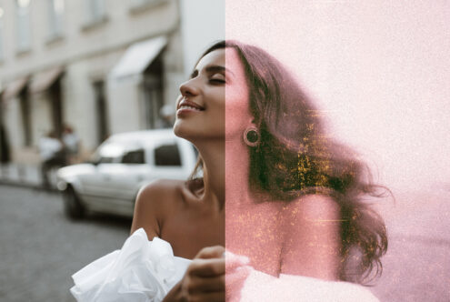 Side-by-side image of a woman smiling in an urban setting and vintage effect. Ideal for graphic design mockups and photo editing templates.