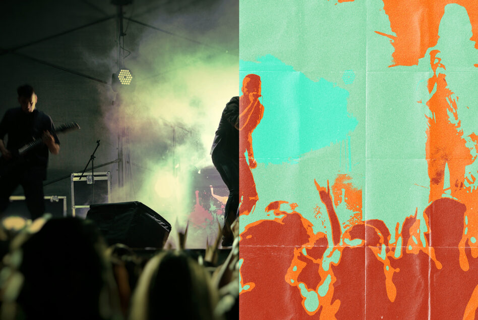 Concert stage split with pop art silhouettes, mint orange surreal vibe