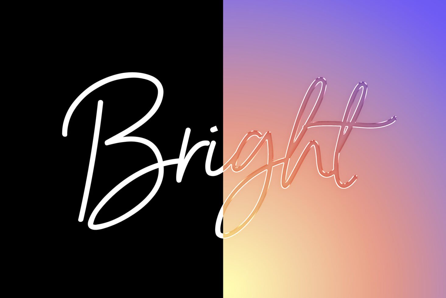 Cursive bright typography on split background; left side black with white text, right side pastel gradient with subtle shadow effect; ideal for font design.
