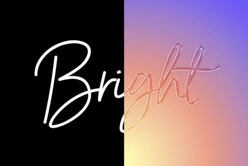 Cursive bright typography on split background; left side black with white text, right side pastel gradient with subtle shadow effect; ideal for font design.
