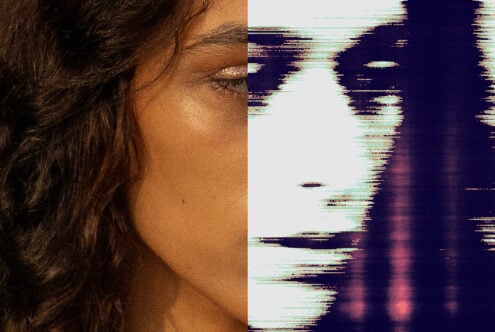 Split portrait half realistic half digital glitch effect suited for graphics or design projects emphasizing transformation or duality.