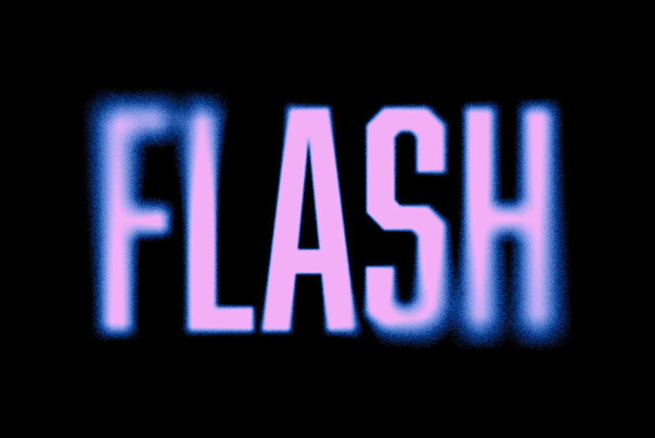 Pink text reading FLASH with blue neon glow on black background