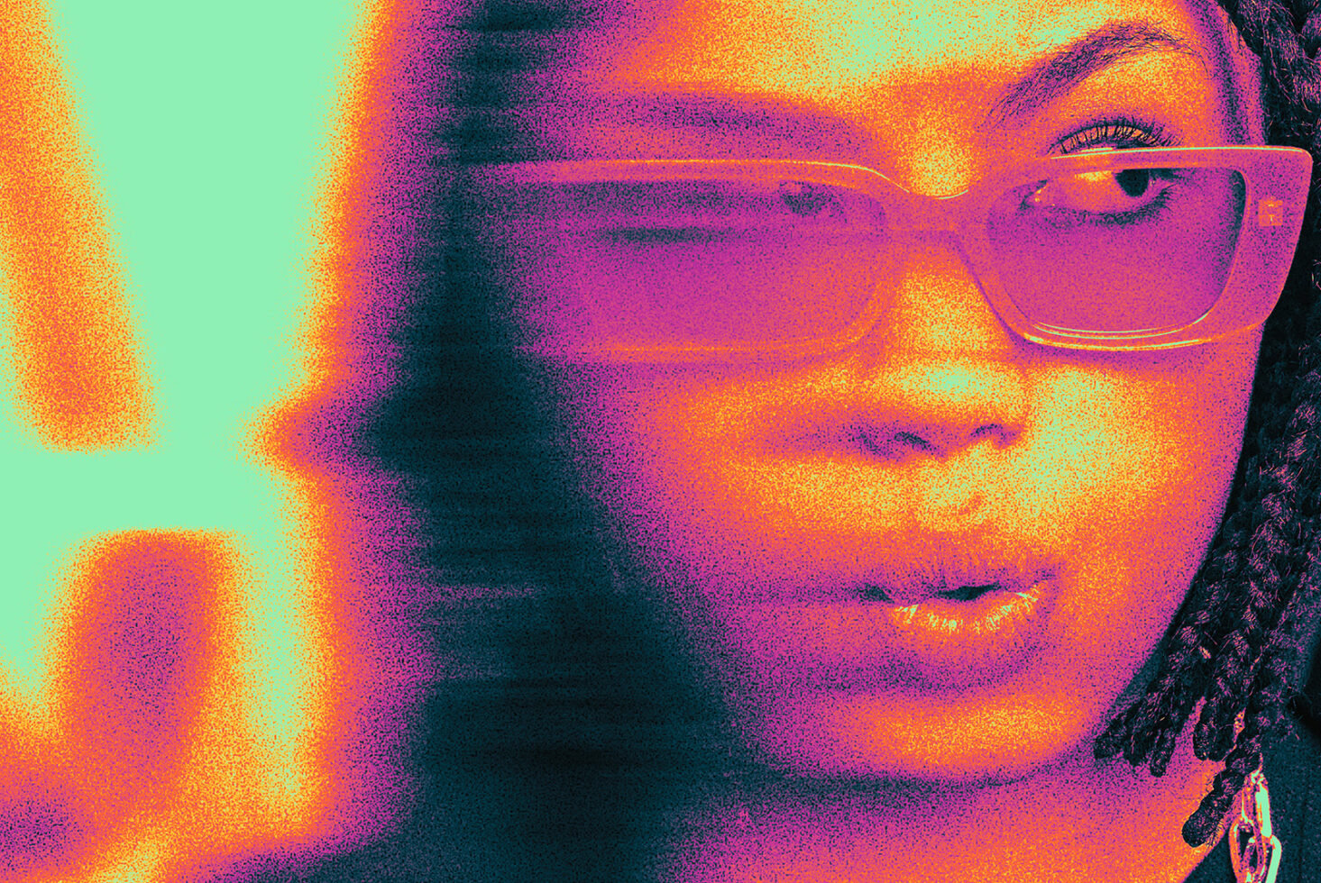 Vibrant abstract design featuring a blurred woman with glasses in warm colors; perfect for graphic design projects and creative digital templates.