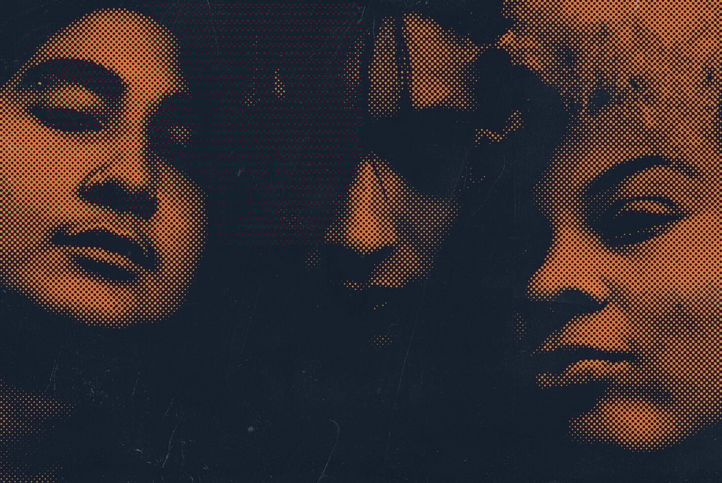 Halftone portrait of three individuals with an orange filter dark background ideal for graphic design projects texture pattern effect pop art style