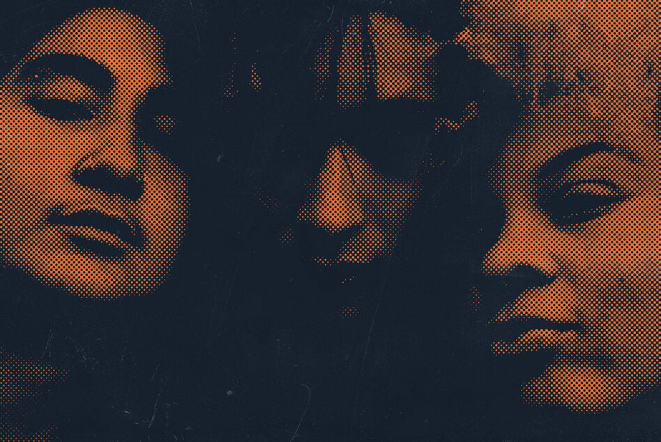 Three faces rendered in orange halftone dots on dark background