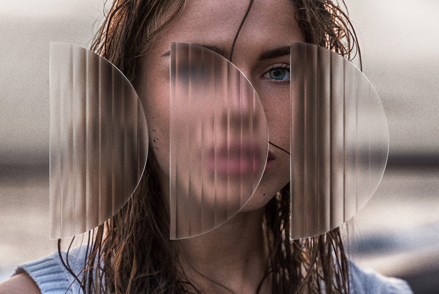 Artistic portrait with abstract overlay featuring geometric frosted glass elements. Ideal for graphics templates or creative design inspiration.