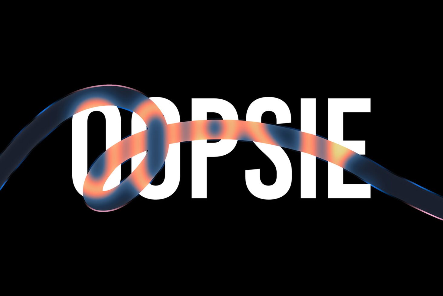 Abstract typography design with the word oopsie in bold white on black background. Featuring dynamic orange and blue ribbon. Suitable for graphic templates.