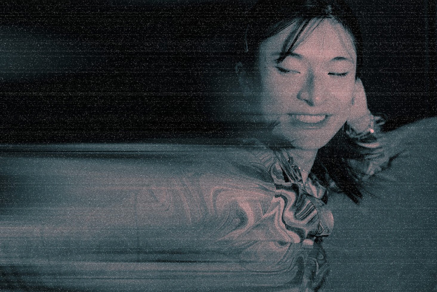 Digital glitch effect on a woman's portrait with abstract swirling patterns ideal for graphic design projects in digital art and visual effects.