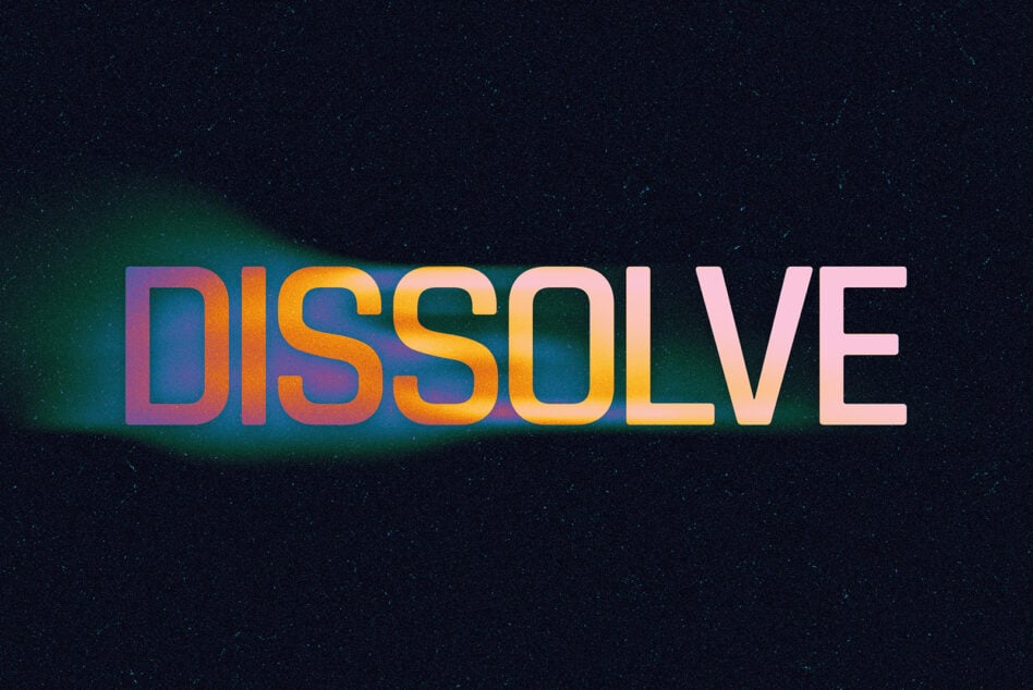 Dissolve word with rainbow gradient glow effect on starfield dark background