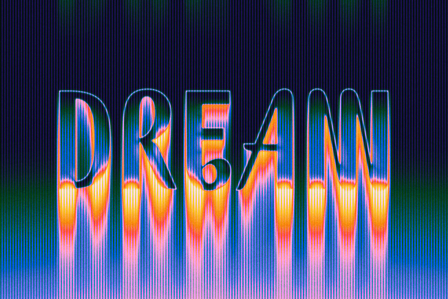 Colorful distorted text typography with rainbow gradient lines. Vibrant dream-themed graphic suitable for templates fonts and digital art design projects.