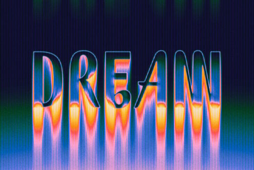Colorful distorted text typography with rainbow gradient lines. Vibrant dream-themed graphic suitable for templates fonts and digital art design projects.