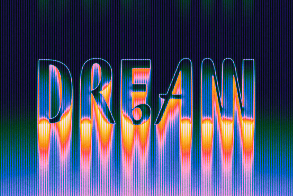 Retro scanline text with neon cyan outline, gradient fill in pink, orange, yellow tones