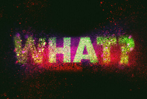 Colorful grunge text effect with the word WHAT in vibrant neon hues on a dark background. Ideal for graphics, digital art, design projects.