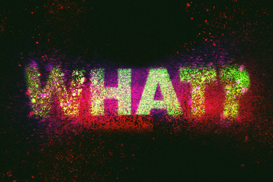 Colorful pixelated dispersion effect breaking apart green glowing text on dark green