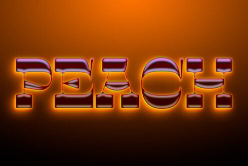 Bold glossy text effect spelling PEACH on a glowing orange background perfect for digital art, graphic design, typography template, cool fonts.