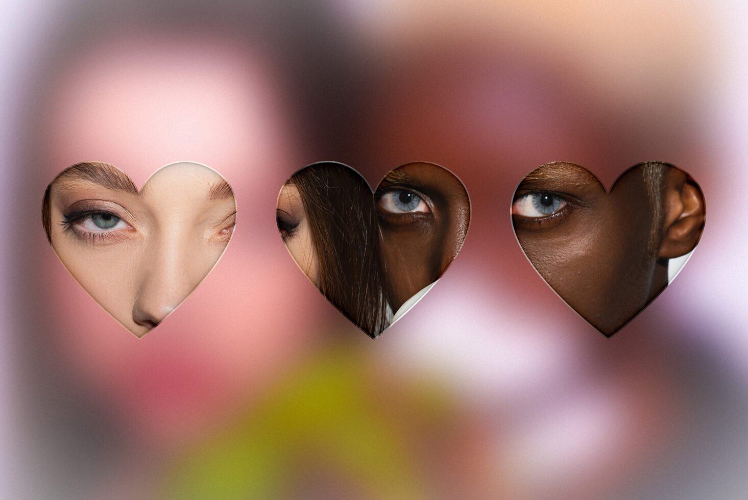 Three diverse faces visible through heart-shaped cutouts in a soft-focus background for use in creative graphic design templates and digital art.