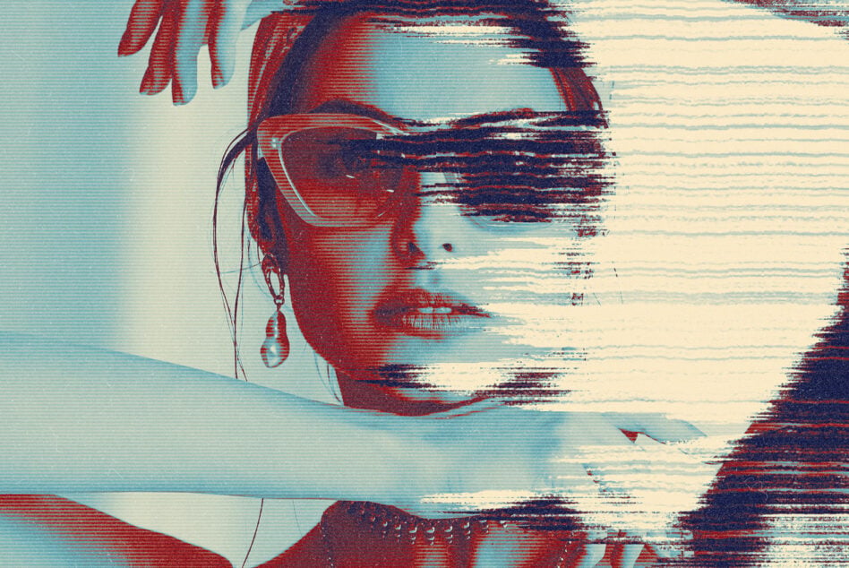 Close-up of woman with headphones, face fragmenting into digital scan lines on right