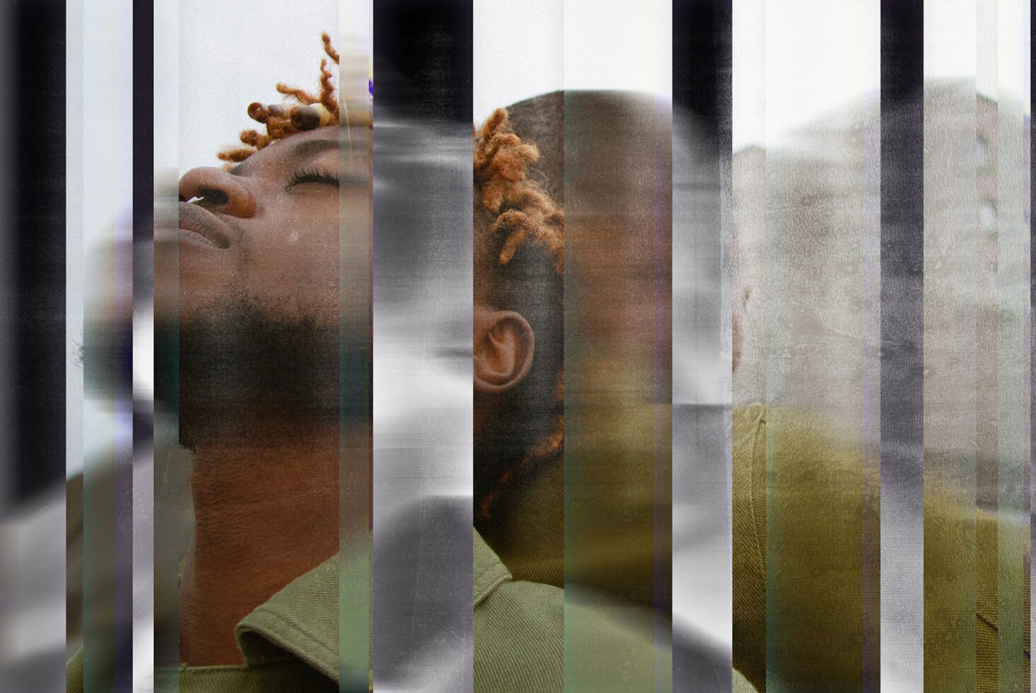 Abstract art with double exposure effect featuring a person with closed eyes behind vertical lines texture. Use for graphic design, digital art projects.