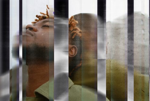 Abstract art with double exposure effect featuring a person with closed eyes behind vertical lines texture. Use for graphic design, digital art projects.