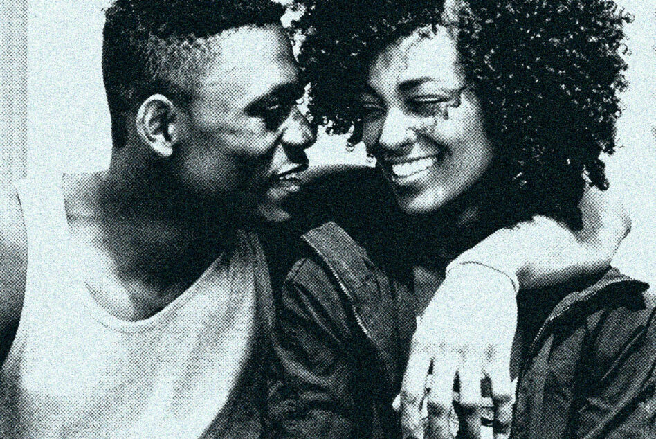 Three people smiling together in vintage halftone black with texture