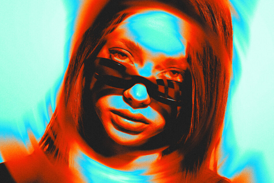Vibrant neon portrait with orange, red, cyan color separation effect on person wearing sunglasses