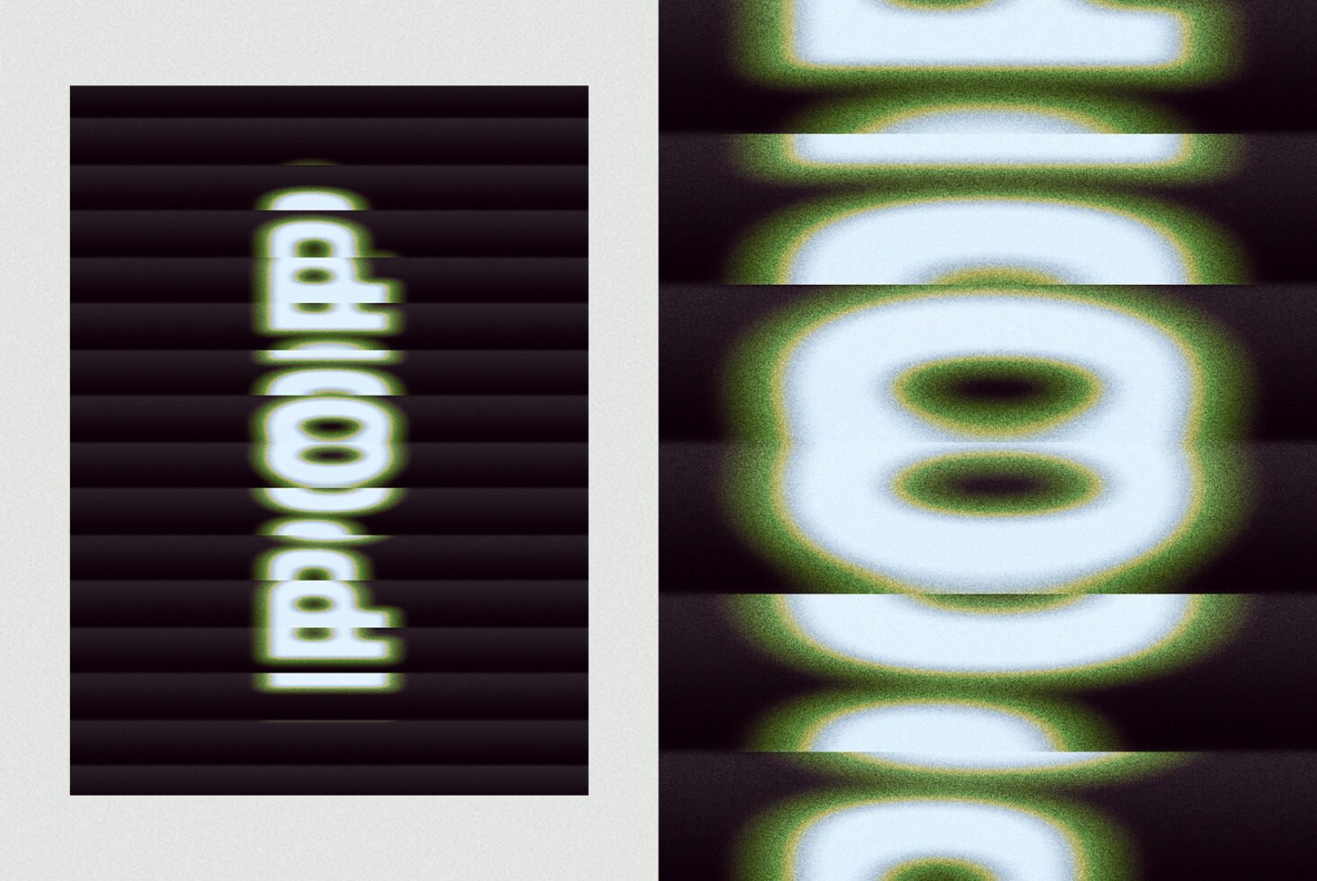 Distorted neon typography design with vertical text effect, suitable for digital graphics. Bold lettering with green glow. Perfect for creative mockups.