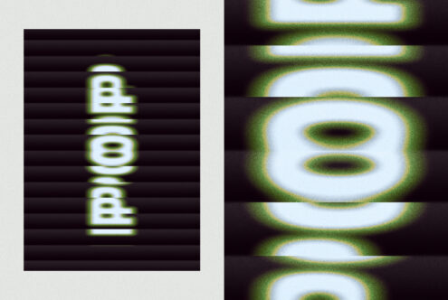 Distorted neon typography design with vertical text effect, suitable for digital graphics. Bold lettering with green glow. Perfect for creative mockups.