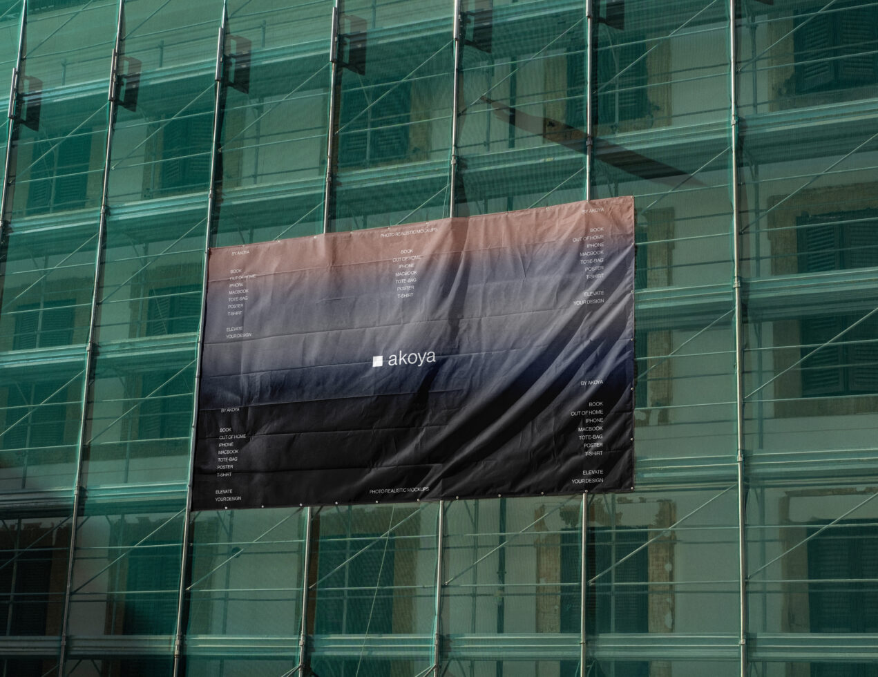 Large fabric banner mockup on a building facade with text. Perfect for showcasing design or branding ideas. Ideal for graphic designers and marketers.