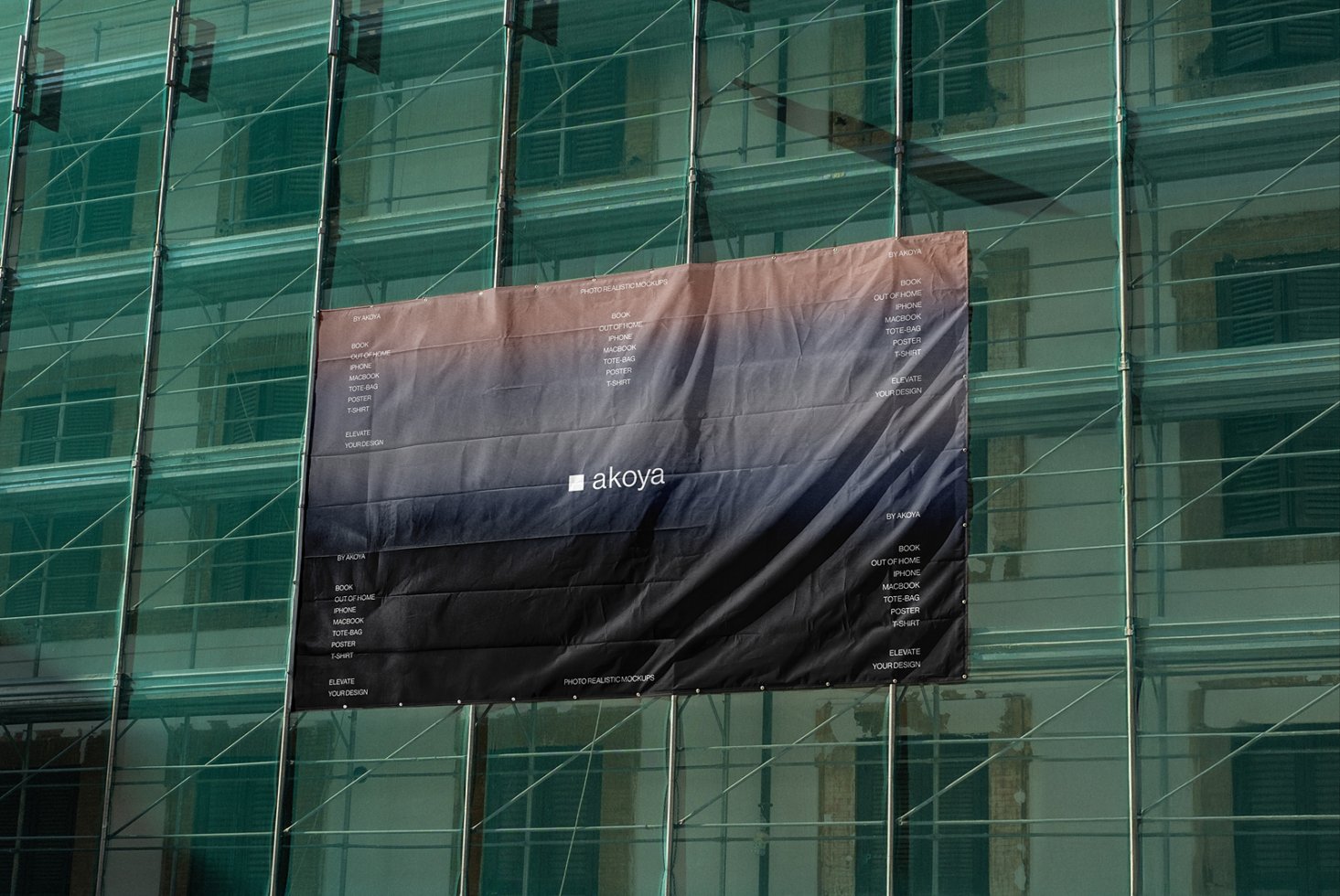 Building facade with large photorealistic banner mockup for design showcasing. Ideal for designers looking for professional presentation templates.