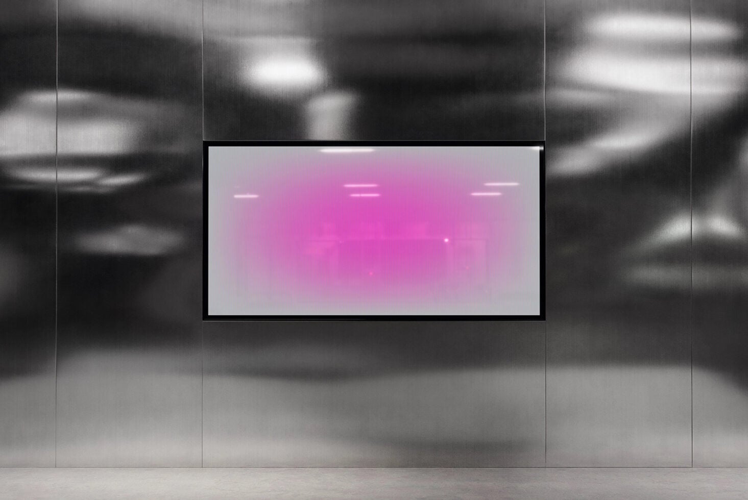 Pink gradient screen mockup on concrete wall with horizontal light lines
