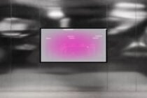 Pink gradient screen mockup on concrete wall with horizontal light lines