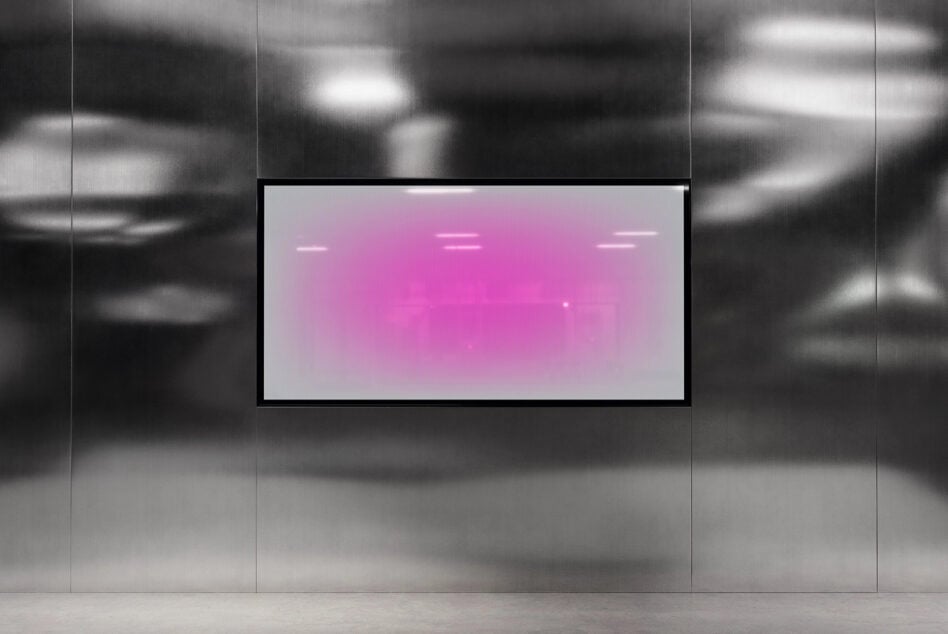 Pink gradient screen mockup on concrete wall with horizontal light lines
