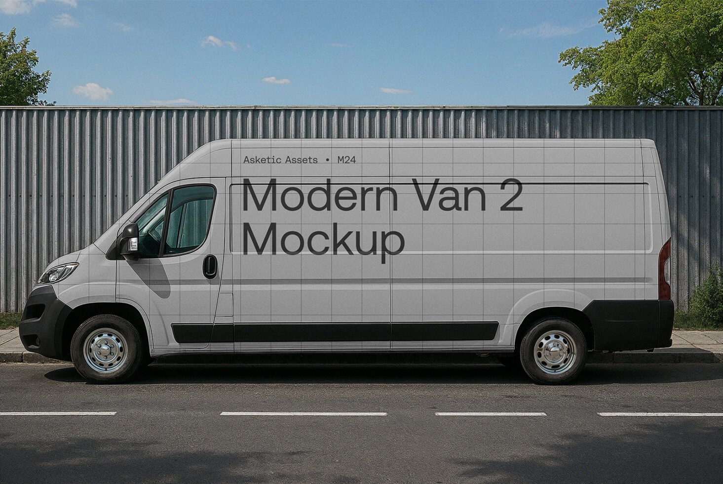 Modern van mockup template for designers featuring side view on urban street backdrop ideal for branding showcasing vehicle graphics commercial use