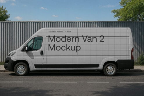 Modern van mockup template for designers featuring side view on urban street backdrop ideal for branding showcasing vehicle graphics commercial use