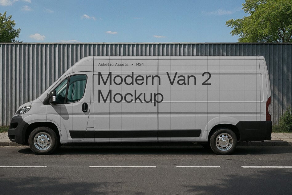 Light grey delivery van mockup with editable side panel space