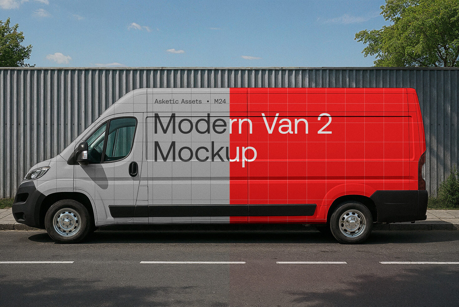 Modern van mockup template with red and gray grid design parked on street. Ideal for vehicle branding presentations and transportation graphics.
