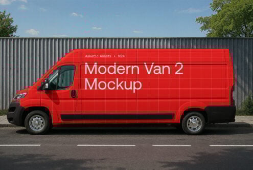 Red van side view mockup with grid overlay parked on a street. Ideal for vehicle branding. Keywords: van mockup, graphic design asset, branding template