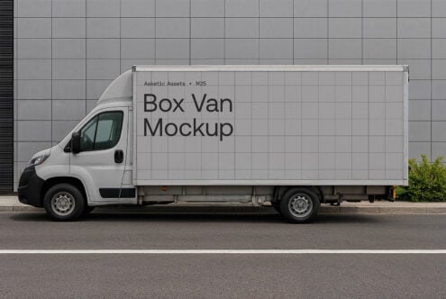 White delivery van mockup with blank cargo side on industrial backdrop