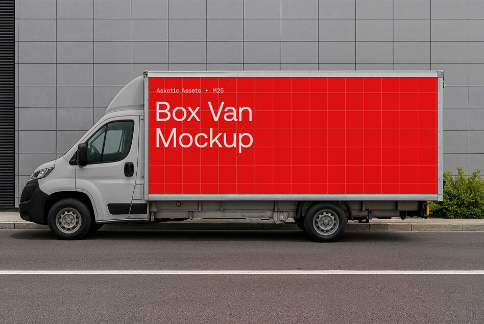 White box van with large red panel mockup against tiled wall