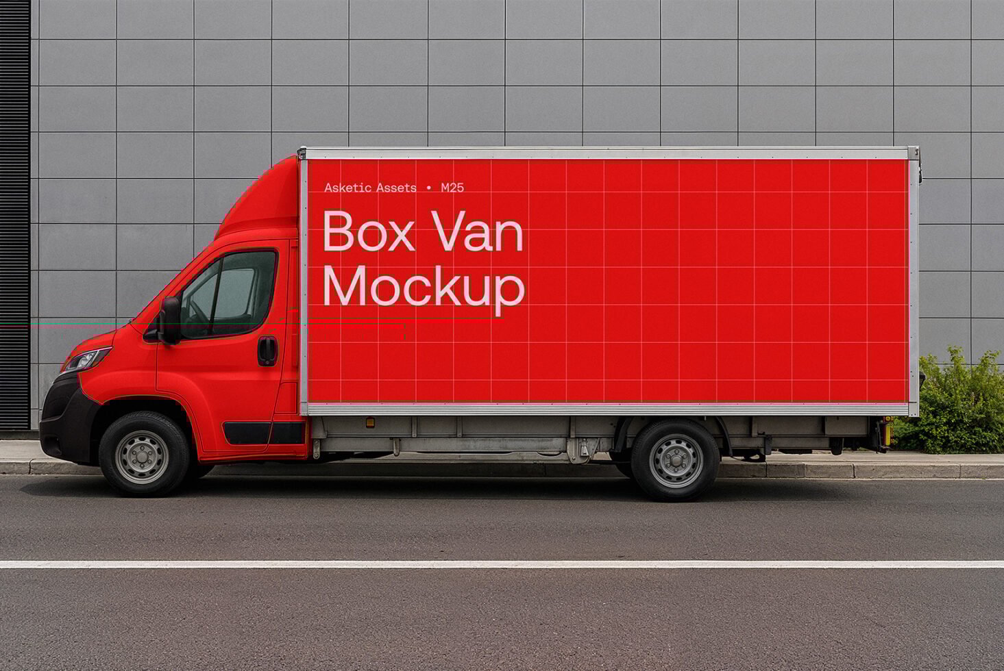 Red box van mockup parked on urban street with blank grid design. Ideal for showcasing branding, vehicle graphics, or advertising templates.