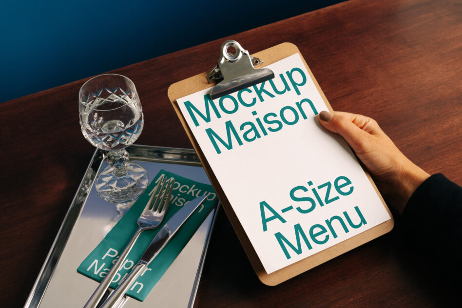 Wooden clipboard with teal menu mockup next to crystal wine glass on dark wood table