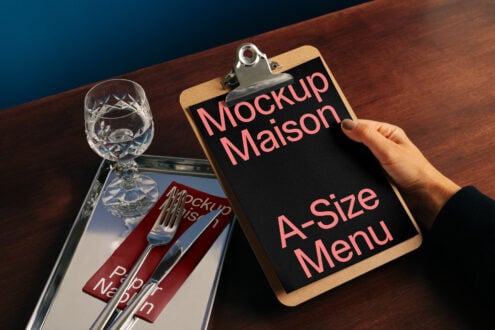 Clipboard with A-size menu mockup on a wooden table featuring utensils and glass for designers. Ideal for showcasing graphic design templates.